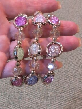 Gold-Tone Pink and Pastel Druzy Bead Stretch Bracelet S. Set Of 3